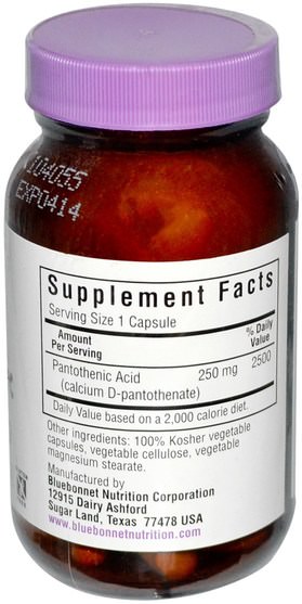 維生素，維生素b5 - 泛酸 - Bluebonnet Nutrition, Pantothenic Acid, 250 mg, 60 Vcaps
