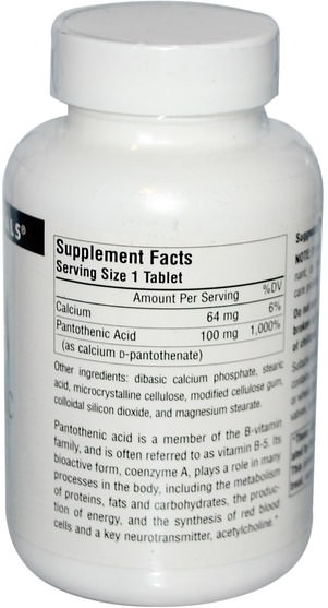 維生素，維生素b5 - 泛酸 - Source Naturals, Pantothenic Acid, 100 mg, 250 Tablets