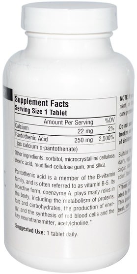 維生素，維生素b5 - 泛酸 - Source Naturals, Pantothenic Acid, Vitamin B-5, 250 mg, 250 Tablets