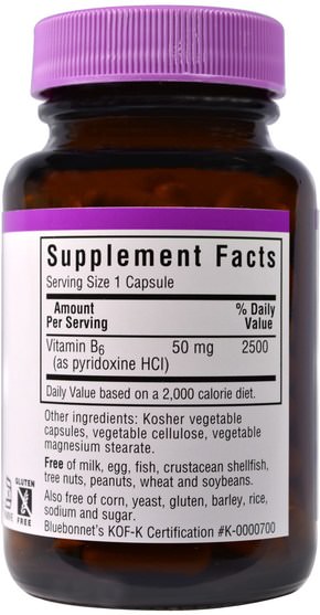 維生素，維生素b6 - 吡哆醇 - Bluebonnet Nutrition, Vitamin B-6, 50 mg, 90 Veggie Caps