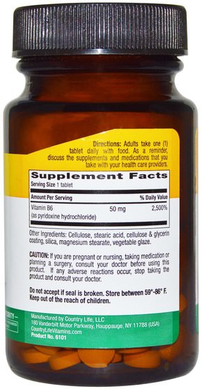 維生素，維生素b6 - 吡哆醇 - Country Life, Vitamin B6, 50 mg, 100 Tablets