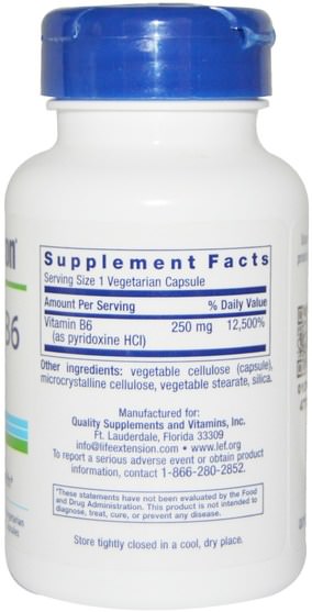 維生素，維生素b6 - 吡哆醇 - Life Extension, Vitamin B6, 250 mg, 100 Veggie Caps