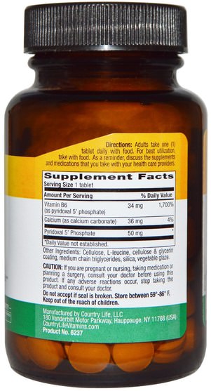 維生素，維生素b6 - 吡哆醇，p 5 p（吡哆醛5磷酸鹽） - Country Life, P-5-P (Pyridoxal 5 Phosphate), 50 mg, 100 Tablets
