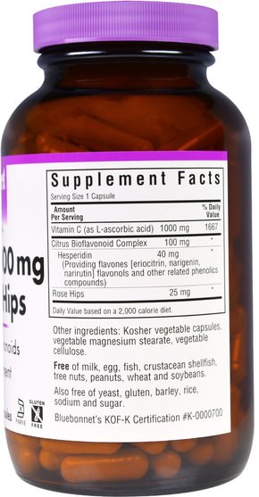 維生素，維生素C生物類黃酮玫瑰果 - Bluebonnet Nutrition, Vitamin C - 1000 mg Plus Rose Hips, 180 Veggie Caps