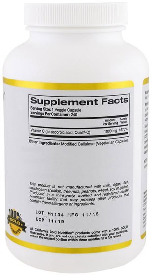 維生素，維生素c - California Gold Nutrition, CGN, Vitamin C, 1.000 mg, 240 Veggie Caps