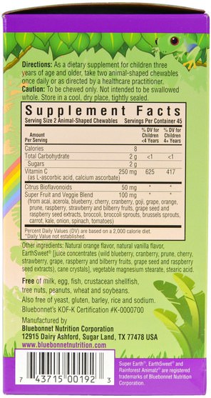 維生素，維生素C咀嚼 - Bluebonnet Nutrition, Super Earth, Rainforest Animalz, Vitamin C, Natural Orange Flavor, 90 Chewables