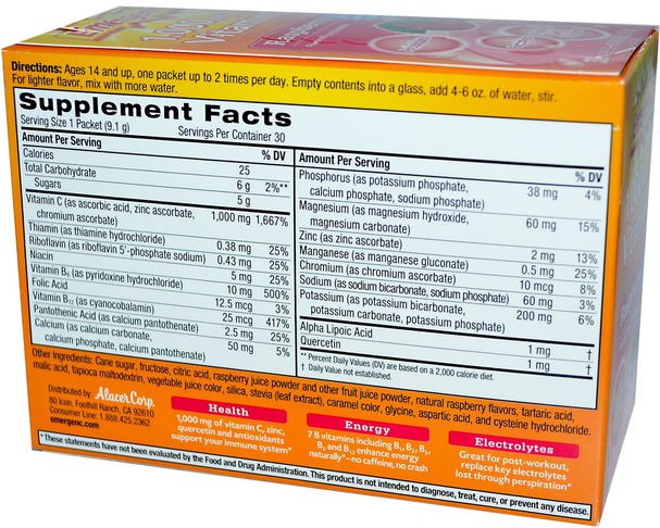 維生素，維生素c - Emergen-C, 1.000 mg Vitamin C, Raspberry, 30 Packets, 9.1 g Each