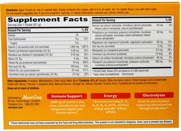 維生素，維生素c - Emergen-C, 1.000 mg Vitamin C, Super Orange, 30 Packets, 0.32 oz (9.1 g) Each
