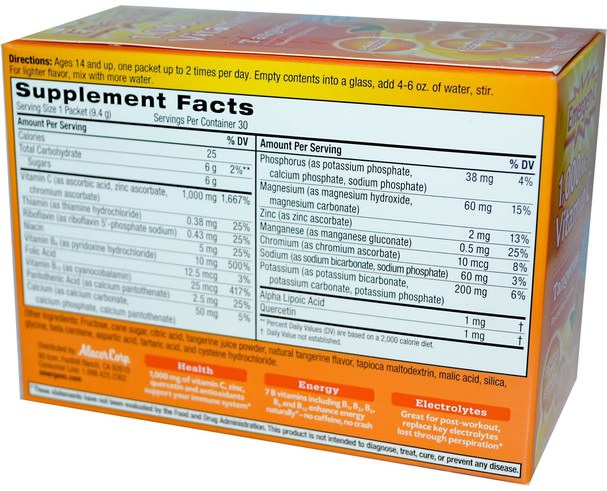 維生素，維生素c - Emergen-C, Vitamin C, Flavored Fizzy Drink Mix, Tangerine, 1.000 mg, 30 Packets, 9.4 g Each