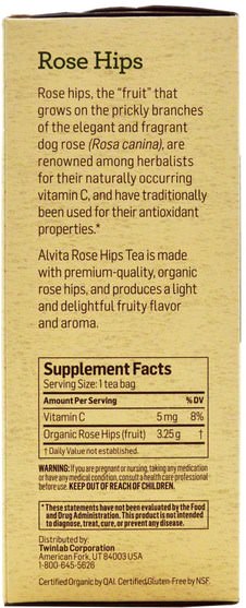 維生素，維生素c，玫瑰果 - Alvita Teas, Organic Rose Hips Tea, Caffeine Free, 24 Tea Bags, 2.75 oz (78 g)