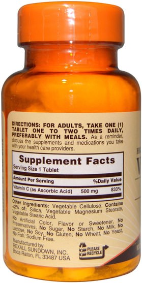 維生素，維生素c，維生素c抗壞血酸 - Sundown Naturals, Vitamin C, High Potency, 500 mg, 100 Tablets
