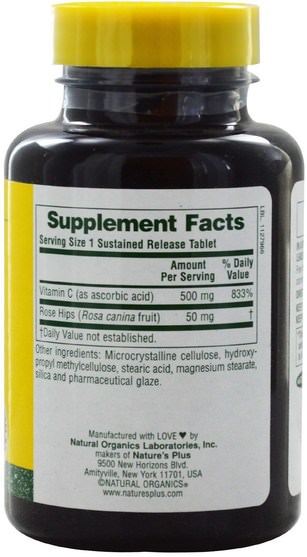 維生素，維生素c，維生素c生物類黃酮玫瑰果 - Natures Plus, Vitamin C, Sustained Release, 500 mg, 180 Tablets