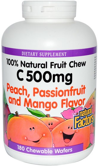 維生素，維生素C，維生素C咀嚼片 - Natural Factors, C 500 mg, Peach, Passionfruit and Mango Flavor, 180 Chewable Wafers