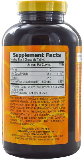 維生素，維生素C，維生素C咀嚼片 - Natures Plus, Orange Juice Vitamin C Supplement, 500 mg, 180 Tablets