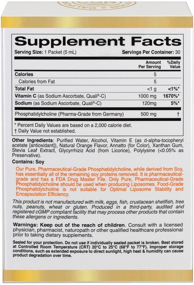 維生素，維生素c，維生素C脂質體 - California Gold Nutrition, CGN, Liposomal Vitamin C, with Phosphatidylcholine, Natural Orange Flavor, 30 Individually-Sealed Packets, 0.169 fl oz (5 ml) Each