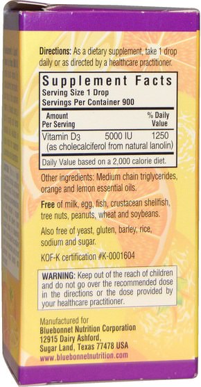 維生素，維生素D3 - Bluebonnet Nutrition, Liquid Vitamin D3 Drops, Natural Citrus Flavor, 5.000 IU, 1 fl oz (30 ml)