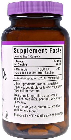 維生素，維生素D3 - Bluebonnet Nutrition, Vitamin D3, 1000 IU, 180 Veggie Caps