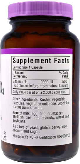 維生素，維生素D3 - Bluebonnet Nutrition, Vitamin D3, 2000 IU, 180 Veggie Caps