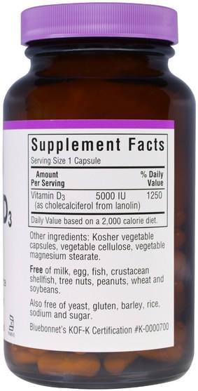維生素，維生素D3 - Bluebonnet Nutrition, Vitamin D3, 5000 IU, 120 Veggie Caps