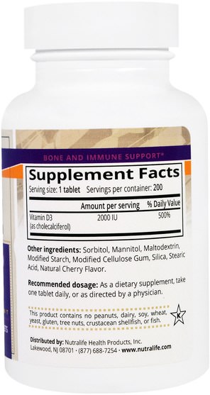 維生素，維生素D3，骨骼，骨質疏鬆症 - NutraLife, Vitamin D3, 2000 IU, 200 Easy Chew Tablets