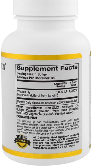 維生素，維生素D3 - California Gold Nutrition, CGN, Vitamin D3, 5.000 IU, 360 Fish Gelatin Softgels