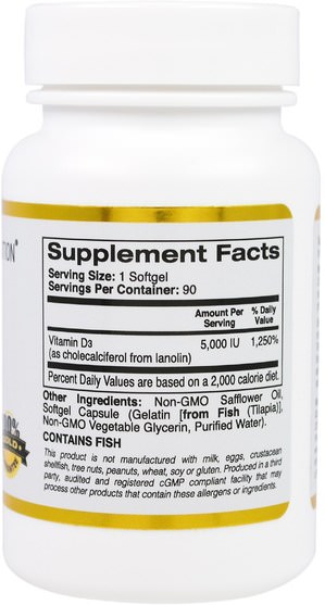 維生素，維生素D3 - California Gold Nutrition, CGN, Vitamin D3, 5.000 IU, 90 Fish Gelatin Softgels