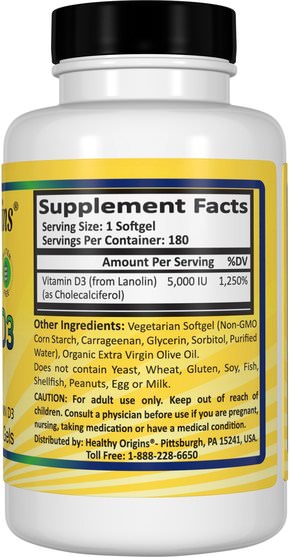 維生素，維生素D3 - Healthy Origins, Vegetarian Vitamin D3, 5.000 IU, 180 Veggie Gels