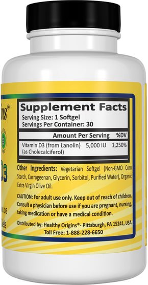維生素，維生素D3 - Healthy Origins, Vegetarian Vitamin D3, 5.000 IU, 30 Veggie Gels