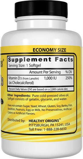 維生素，維生素D3 - Healthy Origins, Vitamin D3, 1.000 IU, 360 Softgels