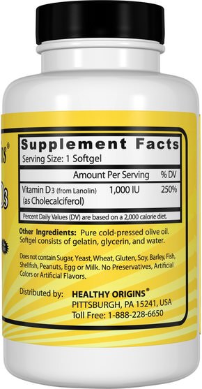 維生素，維生素D3 - Healthy Origins, Vitamin D3, 1.000 IU, 90 Softgels