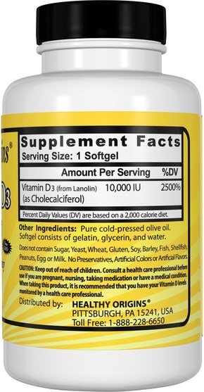 維生素，維生素D3 - Healthy Origins, Vitamin D3, 10.000 IU, 120 Softgels