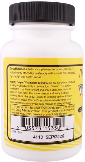 維生素，維生素D3 - Healthy Origins, Vitamin D3, 10.000 IU, 30 Softgels