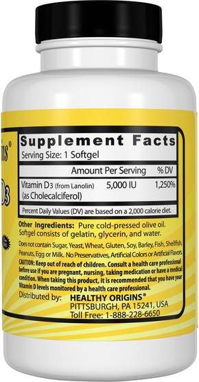 維生素，維生素D3 - Healthy Origins, Vitamin D3, 5.000 IU, 120 Softgels