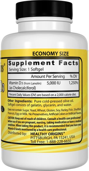 維生素，維生素D3 - Healthy Origins, Vitamin D3, 5.000 IU, 360 Softgels