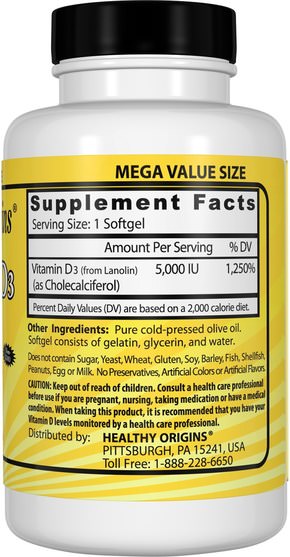 維生素，維生素D3 - Healthy Origins, Vitamin D3, 5.000 IU, 540 Softgels