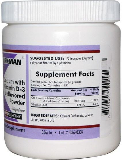 維生素，維生素D3 - Kirkman Labs, Calcium with Vitamin D-3 Unflavored Powder, 16 oz (454 g)