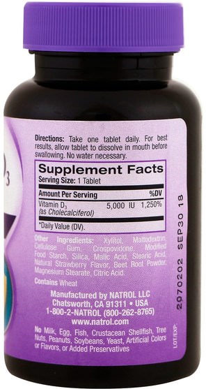 維生素，維生素D3 - Natrol, Vitamin D3, Fast Dissolve, Natural Strawberry Flavor, 5.000 IU, 90 Tablets
