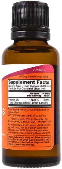維生素，維生素D3 - Now Foods, Liquid Vitamin D-3, Extra Strength, 1.000 IU, 1 fl oz (30 ml)
