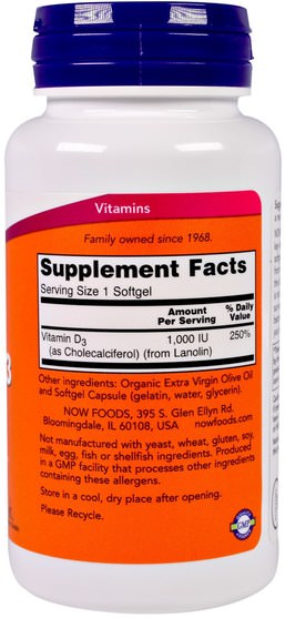維生素，維生素D3 - Now Foods, Vitamin D-3, 1.000 IU, 180 Softgels