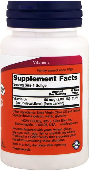 維生素，維生素D3 - Now Foods, Vitamin D-3, 2.000 IU, 240 Softgels