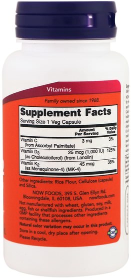 維生素，維生素D3 - Now Foods, Vitamin D-3 & K-2, 1.000 IU / 45 mcg, 120 Veg Capsules