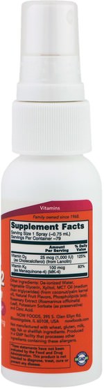 維生素，維生素D3 - Now Foods, Vitamin D-3 & K-2, Liposomal Spray, D-3 1.000 IU / K-2 100 mcg, 2 fl oz (59 ml)
