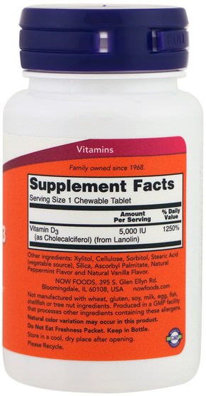 維生素，維生素D3 - Now Foods, Vitamin D-3, Natural Mint Flavor, 5.000 IU, 120 Chewables