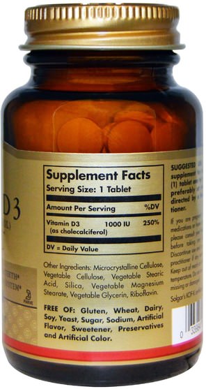 維生素，維生素D3 - Solgar, Vitamin D3 (Cholecalciferol), 1000 IU, 180 Tablets