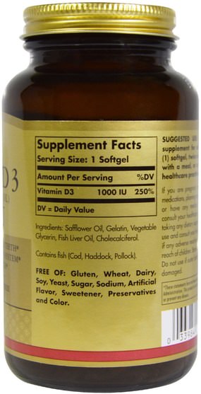 維生素，維生素D3 - Solgar, Vitamin D3 (Cholecalciferol), 1000 IU, 250 Softgels