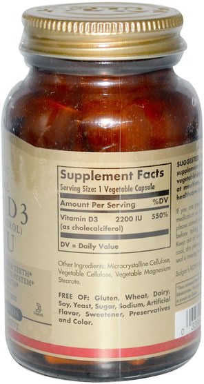 維生素，維生素D3 - Solgar, Vitamin D3 (Cholecalciferol), 2200 IU, 100 Vegetable Capsules