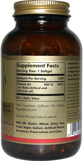 維生素，維生素D3 - Solgar, Vitamin D3 (Cholecalciferol), 400 IU, 250 Softgels
