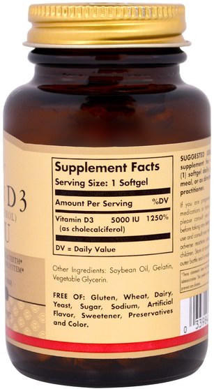 維生素，維生素D3 - Solgar, Vitamin D3 (Cholecalciferol), 5000 IU, 100 Softgels