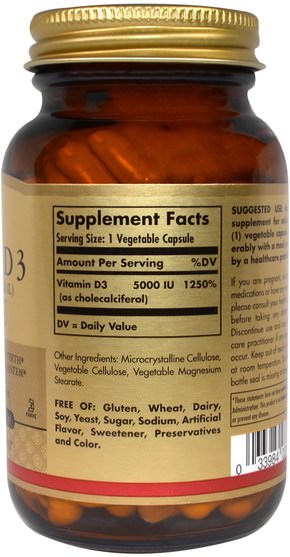 維生素，維生素D3 - Solgar, Vitamin D3 (Cholecalciferol), 5000 IU, 120 Vegetable Capsules