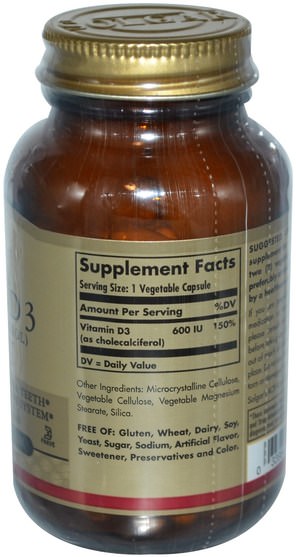 維生素，維生素D3 - Solgar, Vitamin D3 (Cholecalciferol), 600 IU, 120 Vegetable Capsules